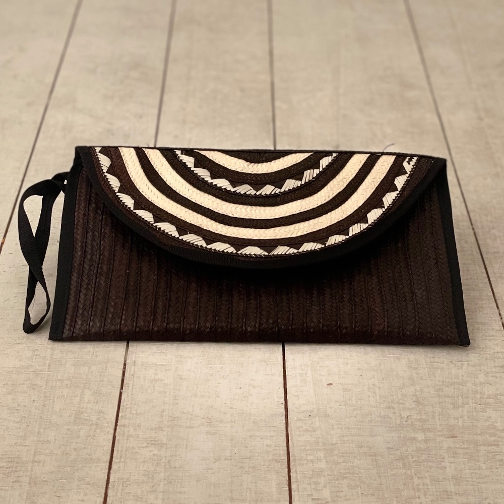 Handmade Stripe Straw Envelope Clutch Purse Bag Wristlet Black & Tan Natural